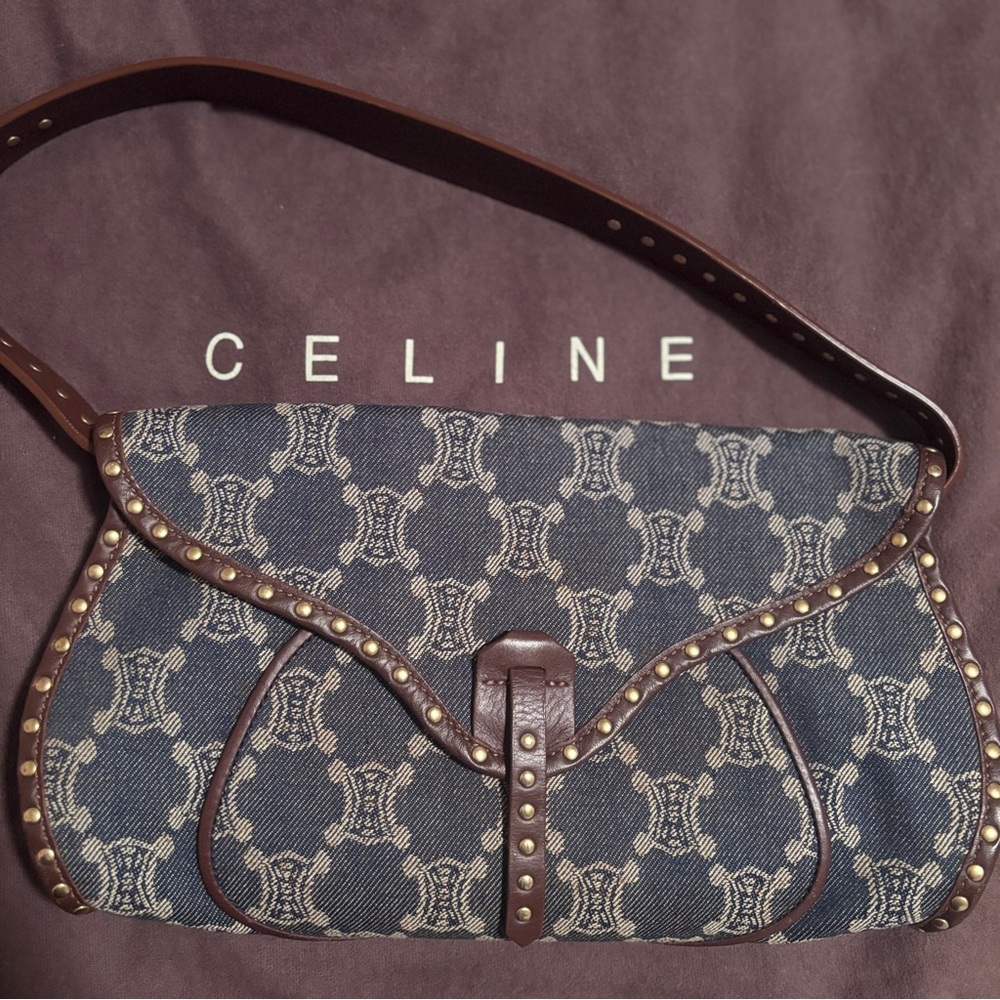 Celine Denim and Brown leather Studded Shoulder Bag